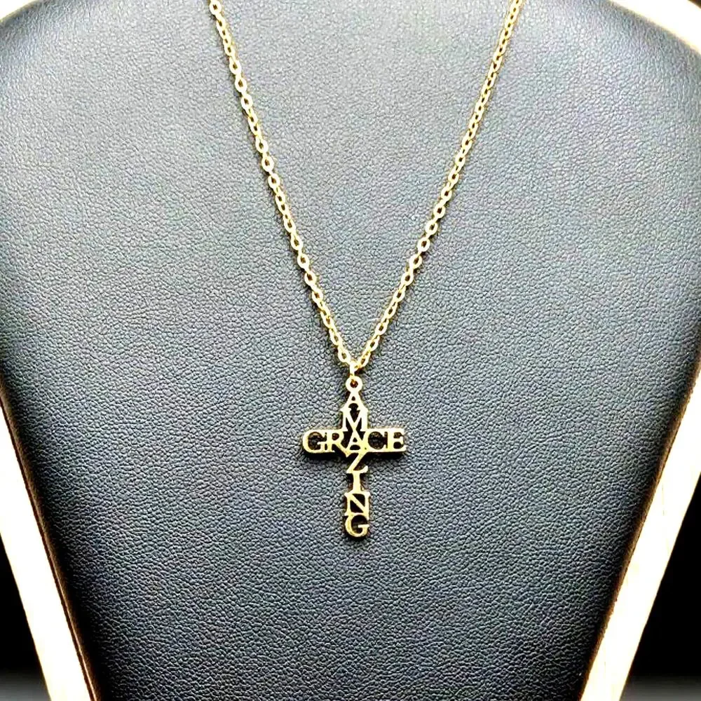 Gold Plated Necklace w/ Amazing Grace Cross Pendant Anniversary Valentine's Gift